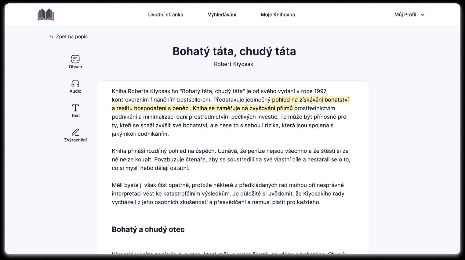 Ukázka souhrnu v aplikaci Knížkomat